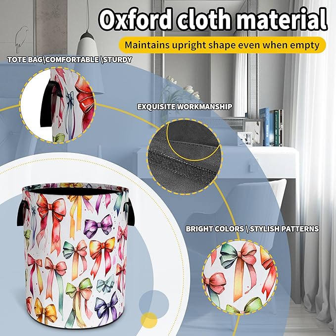 Colorful Bowknot Laundry Basket Bow Foldable Waterproof Oxford Cloth Funny Tote Bag Laundry Hamper Clothes Storage Bucket Toy Organizer For Bathroom/Laundry Storage/Bedroom 18.9x16.5 Inch