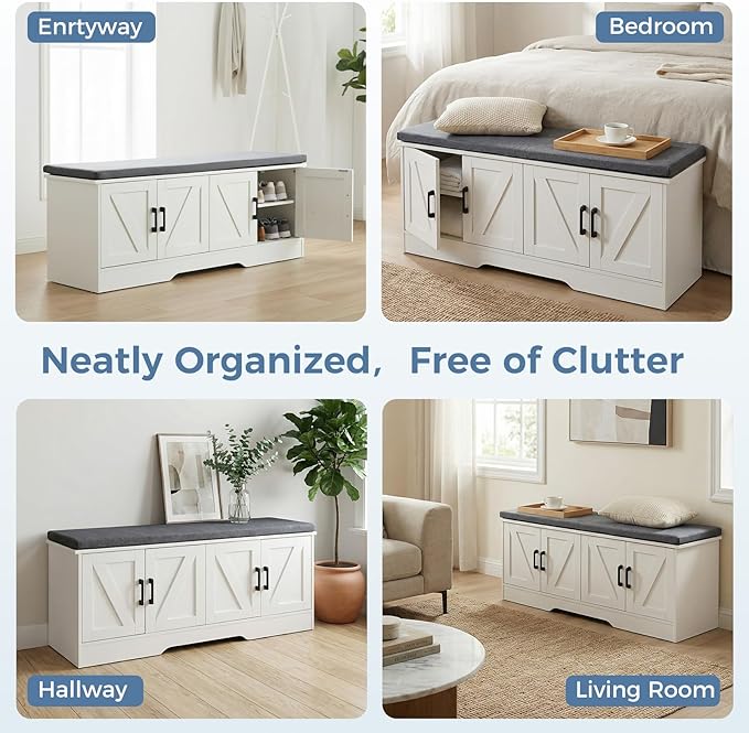 DUMOS Shoe Storage Bench, 28" Wide Shoe Organizer Cabinet with Padded Seat Cushion, 2 Doors, Adjustable Shelf for Entryway, Hallway, Bedroom, Living Room, White