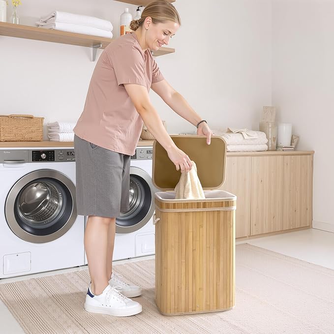 StorageWorks Laundry Hamper with Lid, Foldable Bamboo Laundry Basket, Clothes Hamper with Handles, Organizer and Storage for Laundry Room, Bedroom, Dorm, Natural