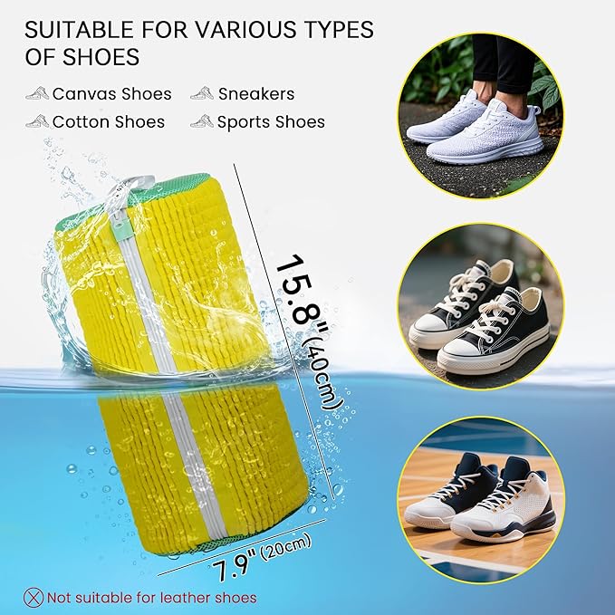 2Pcs Shoe Washing Machine Bag, Sneaker Laundry Bag for Washing Machine, Extra Long and Thick Microfibre Fluff, Reusable for Washer and Dryer (2pcs, Bright yellow Green)