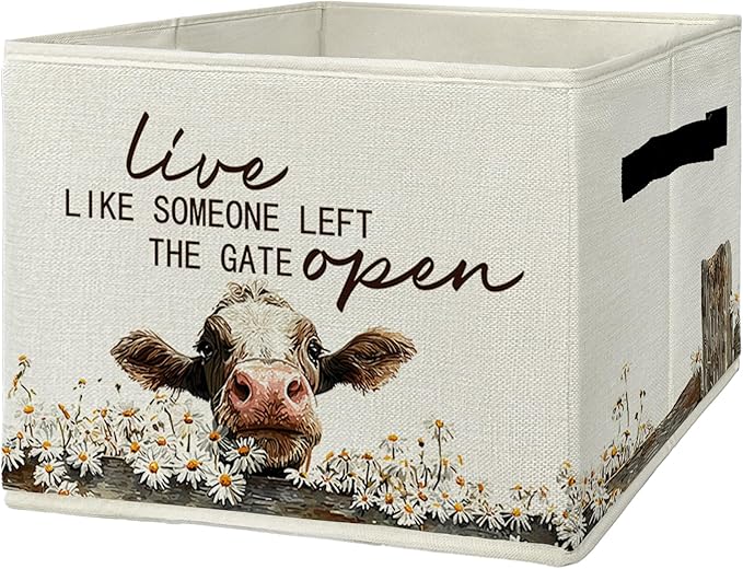 Rustic Cow Storage Bins & Boxes with Handles, Farmhouse Cow Foldable Basket for Organizing, Live Like Someone Left the Gate Open Collapsible Storage Basket for Bedroom Bathroom Clothes Toys