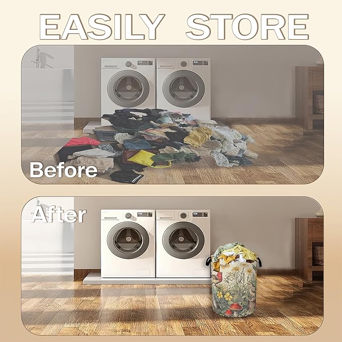 Collapsible Laundry Basket,Vintage Flower Bird Dirty Clothes Hamper,Rustic Butterfly Mushroom Hampers for Bedroom Waterproof Oxford Cloth Storage Organizer for Bathroom,Nursery,Dorm,16x20 Inch