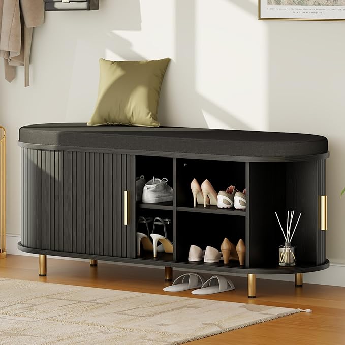 Entryway Bench with Storage: 43.31" Wooden Bedroom Shoe Bench with Thickened Padded Seat Cushion, Mid Century Modern Fluted Sliding Door and Adjustable Shelf, for Entryway, Living Room