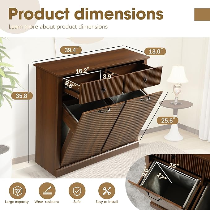 Grepatio Double Laundry Hamper, Fluted Tilt Out Laundry Hamper Cabinet, 22 Gallon Hidden Trash Can, Wooden Garbage Can Cabinet with 2 Drawer, Free Standing for Bathroom, Kitchen (Brown, Double)