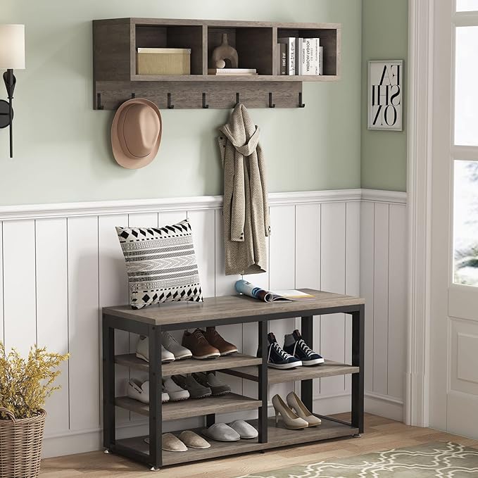Tribesigns Coat Rack Shoe Bench Set Industrial, Hall Tree with 3 Storage Cubbies, 7 Hooks for Entryway, Hallway, 5-in-1Design, Vintage Grey