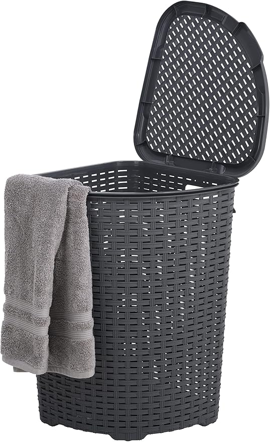 Superio Corner Laundry Hamper Basket With Lid 50 Liter - Grey Wicker Hamper - Durable, Lightweight Bin With Cutout Handles, Storage Dirty Cloths Curved Shape Design Fits Bathroom, Door and Closet