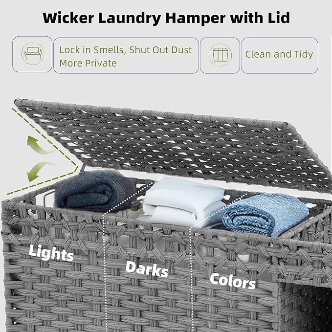 Laundry Hamper with Lid, 160L Rattan Wicker Laundry Basket with Wheels, Handwoven Laundry Hamper 3-Section with Storage shelf(42.3 Gal), Laundry Sorter Basket with Removable Liner, GreyHLH033G