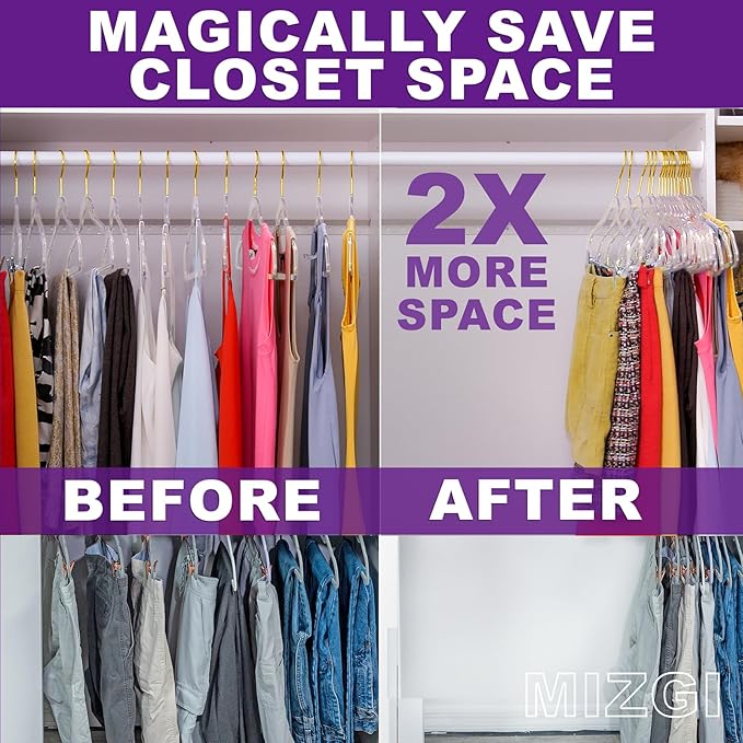 Premium Clear Invisible Acrylic Hangers,Crystal Plastic Hangers with Bling Gold Glitter 20 Pack Ultra Slim & Space Saving Suit Hangers for Coats, Pants & Dress Clothes