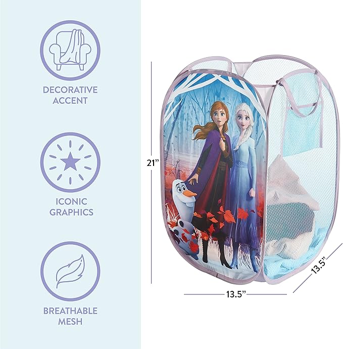 Frozen 2 Pop-Up Hamper for Kids,Laundry Hamper with Anna & Elsa Design, Durable Mesh Fabric & Carry Handles, 21”H x 13.5”W, Collapsible Storage for Bedroom or Playroom