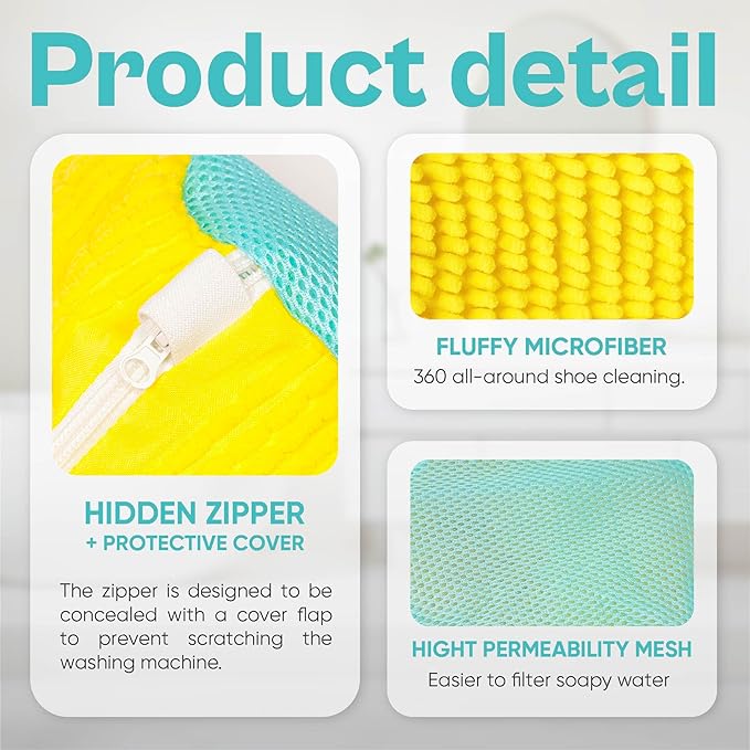 Shoe Washing Machine Bag – 2 Pack Mesh Laundry Bags for Sneakers, Tennis Shoes & Sports Trainers – Reusable Zippered Cleaning Bag to Protect Footwear, Comes with Metal Hanging Hook (Yellow)