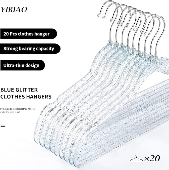 20 Pcs Blue Glitter Sparkle Hangers, Ultra-Thin Acrylic Glitter Hangers for Dresses and Suits - Non-Slip Space-Saving Clothes Hangers (Blue)