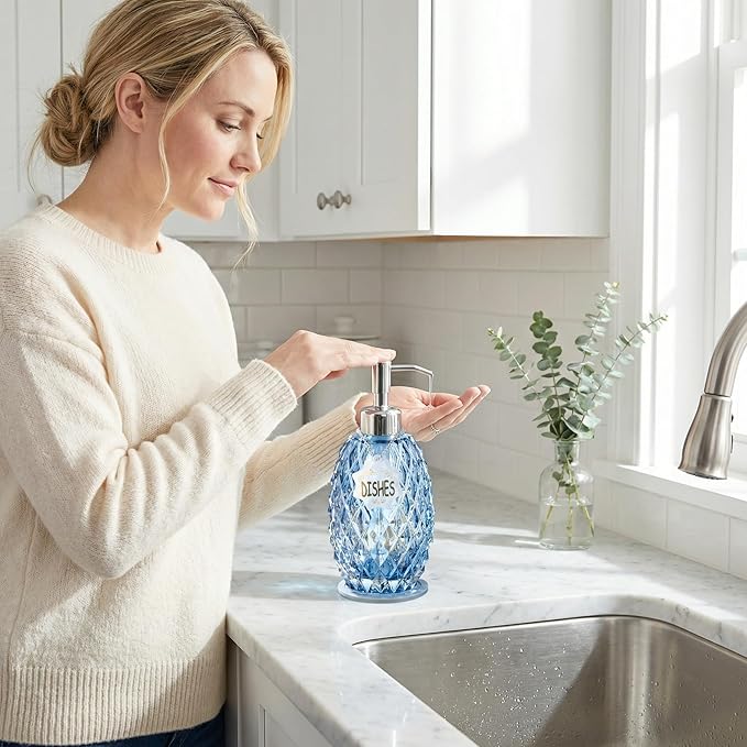 MALACHI Soap Dispenser Set, Crystal-Textured Diamond Glass with Rustproof Stainless Steel Pump, Dual-Labelled Hand & Dish Soap Dispenser for Kitchen & Bathroom