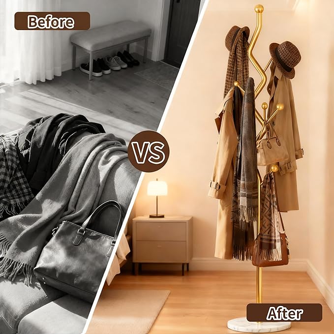 68.9 Inch Tall Modern Coat Rack,Gold Freestanding coat Rack Tree,Heavy-Duty Metal Coat Rack Stand with Sturdy Marble Base for Entryway,Hallway,Bedroom,Holds Coats Hats Bags Scarves
