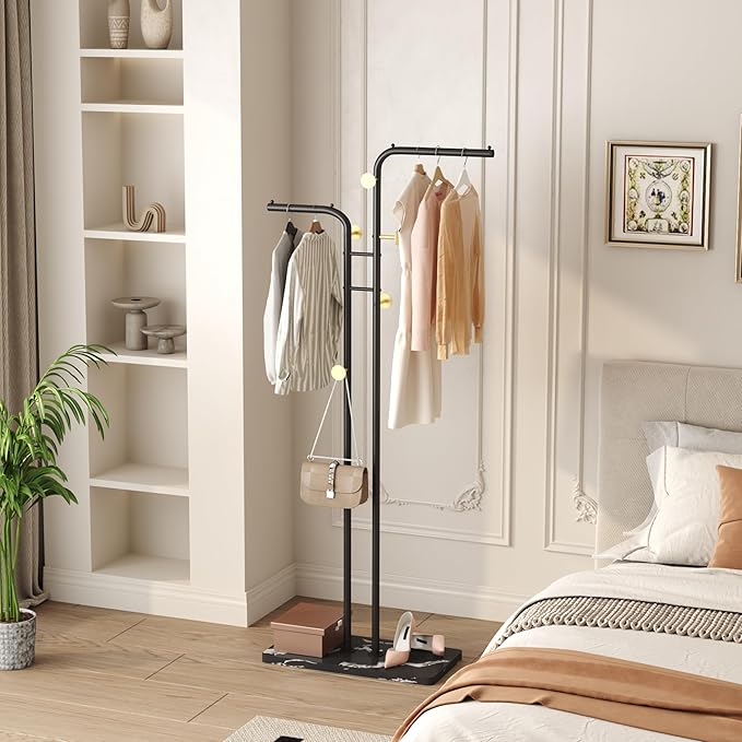 HOMEFORT Coat Rack, Freestanding Metal Coat Racks, Double-pole Clothes Hat Stand with 5 Hooks for Closet, Bedroom, Entryway, Living Room, Black