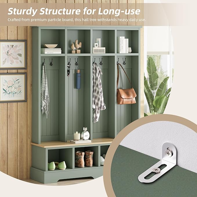 Farmhouse 59" Wide Hall Tree with 8 Hanging Hooks, Wood Grain Bench with Open Compartments, 76.7" H Entryway Shoe Rack Coat Hanger for Living Room Mudroom Hallway (Green-8.26)
