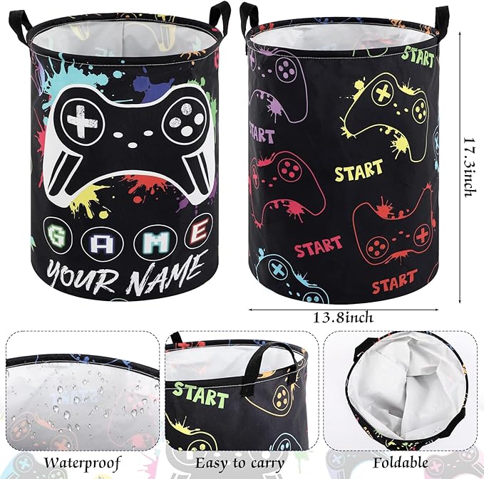 Zhehao 2 Pcs Gamer Laundry Basket Boys Kids Laundry Hamper Gamer Room Decor Gaming Storage Basket Hamper Clothes Organizer Nursery Toy Storage Bin for Easter Gifts Bedroom Bathroom Decoration(Vivid)