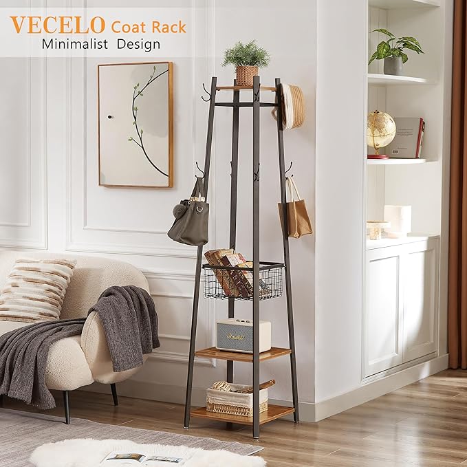 VECELO Coat Rack Freestanding,Hall Tree with Metal Basket and Storage Shelves,Industrial Coat Rack Stand with 8 Hooks for Hanging Coats/Hats/Bags/Umbrellas,18 x 18 x 72 In,Vintage Brown