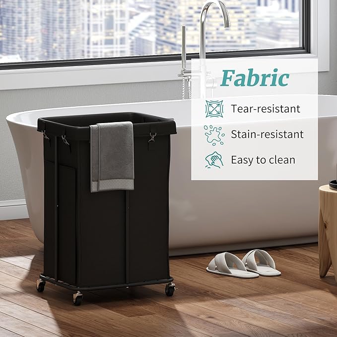 Laundry Hamper with Wheels, Rolling Laundry Basket with Metal Frame and Removable Bag, Double Laundry Hamper 2 Section, Large & Tall Dirty Clothes Hampers for Bedroom Aesthetic, Laundry Room, Bathroom