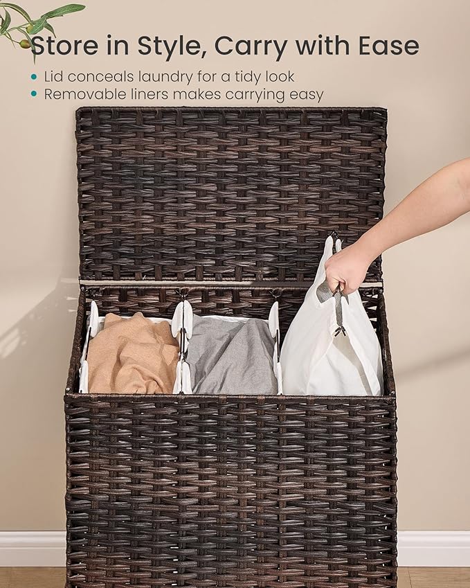 SONGMICS Laundry Hamper with Lid, 42 Gal. (160 L) PE Rattan Laundry Basket with Lid and Handles, Natural Material,Removable Machine Washable Liner, Chestnut Brown ULCB223ME01