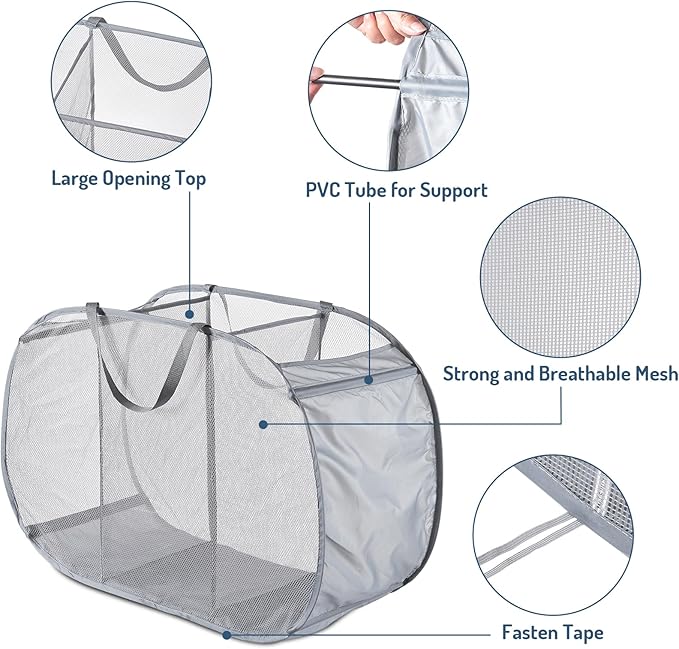 Seiritex Mesh Popup Laundry Hamper 3 Compartment Sortable Horizontal Collapsible Laundry Basket for Clothes Laundry Room Bedroom Toys Travel (Gray)