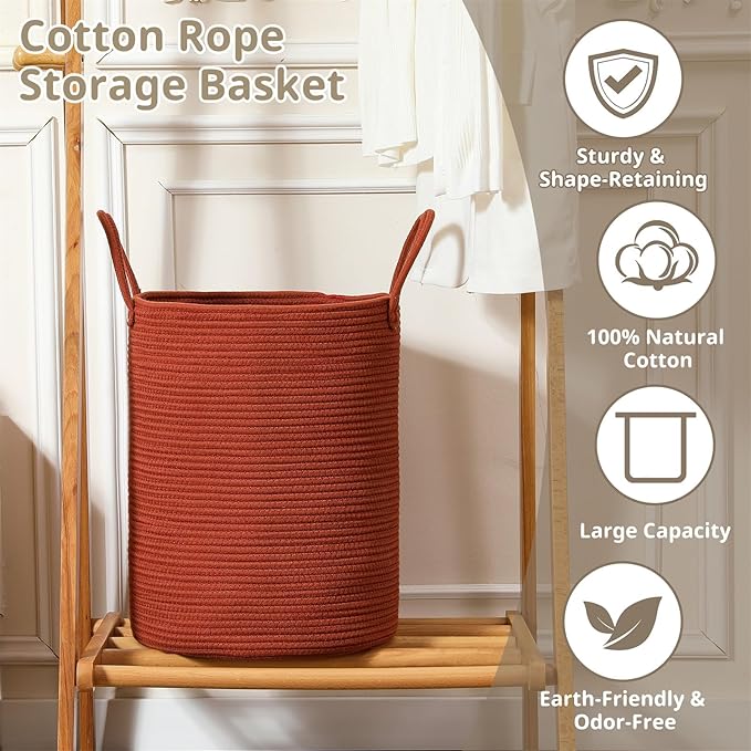 80L Large Woven Laundry Basket Hamper, 100% Natural Cotton Rope, Handwoven & Durable, Storage for Blankets, Toys, Clothes, Decorative Nursery Hamper for Living Room, Baby Room, Bedroom (Terracotta)