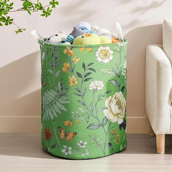Sage Green Floral Laundry Basket With Handles Girls Butterfly Oxford Laundry Hamper Flower Plant Clothes Storage Bucket Organizer For Bathroom/Laundry/Bedroom (Floral, 43L)
