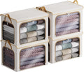 4 Pack Clothes Storage Bins with Metal Frame - 66L Stackable Storage Box with Lid，Foldable Storage Container Organizer for Clothes，Linen Fabric Storage Box with Clear Window＆Zippers＆Handles