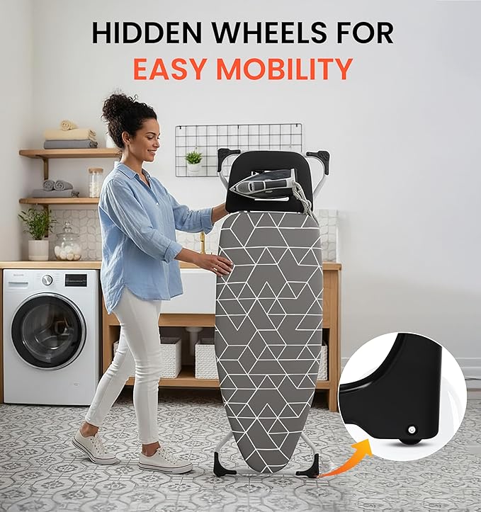 Xabitat Extra Wide Ironing Board 60" X 20" with Wheels & Wall Mount Hanger | Full Metal Iron Board | Built in Iron Caddy | Heat & Scorch Resistant Cover| Heavy Duty | Wide Leg