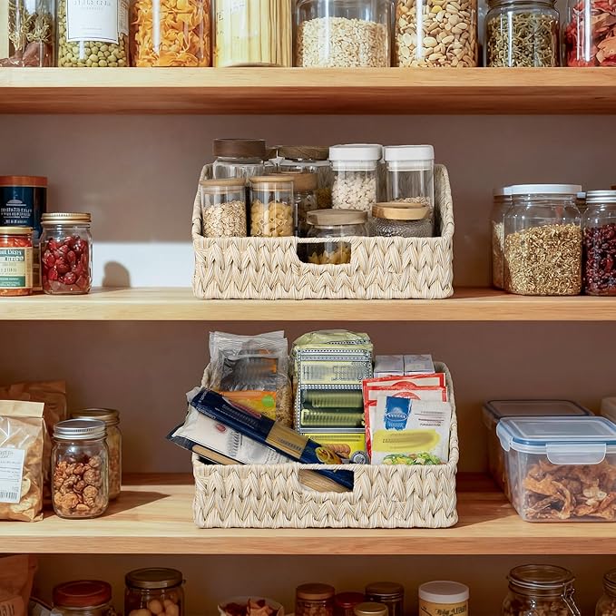GRANNY SAYS Wicker Storage Baskets for Shelves, Large Wicker Basket with Handles, Trapezoid Woven Baskets for Storage, Decorative Basket for Home Decor, Butter Milk
