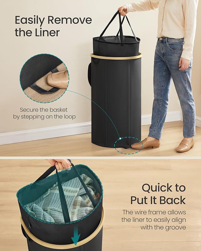 SONGMICS Laundry Hamper, Laundry Basket with Lid, 23.8 Gal. (90 L), with Removable Liner Bag, for Laundry Room, Bedroom, Living Room, Ink Black and Light Bamboo ULCB547B01