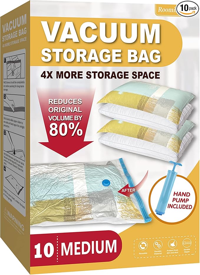 Vacuum Storage Bags, Vacuum Seal Space Saver Bags for Clothing, Travel Lugggage, Carry-on, Blankets, Comforters, Pillow, Bedding, 10 Medium