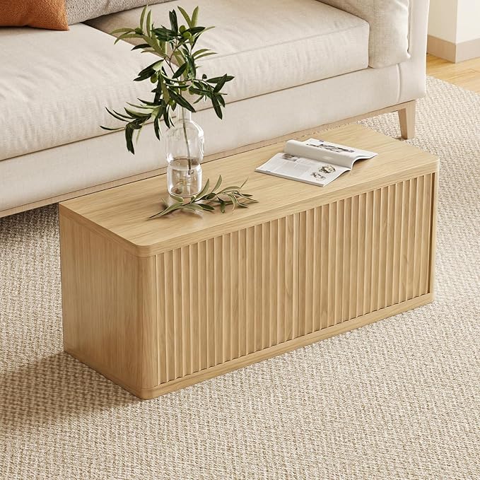 Double Layered Shoe Cabinet with Bench,Wooden Shoe Bench with Soft Cushion,Double Door without Handle Pressing Spring,Fluted Panel,Suitable for Entrance,Corridor and Living Room (Shoe Bench-Light Oak)