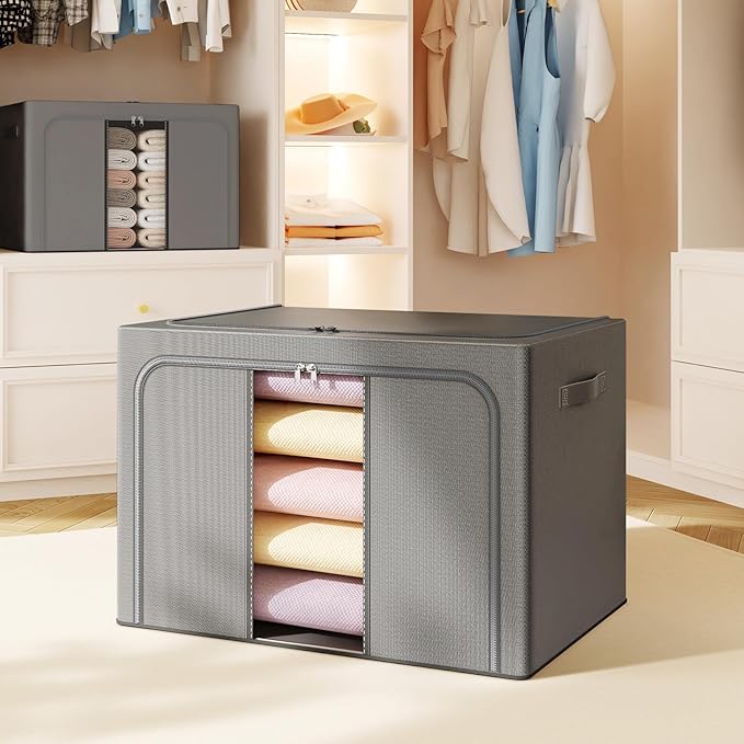 Clothes Storage Bins with Metal Frame Foldable Storage Box Clothes Organizers Storage Containers for Clothes Sheets Blankets Books Toys Gifts and Holiday Decorations (24Lx3 Pack) Deep grey