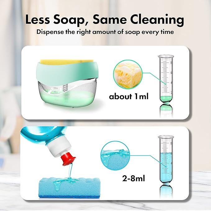 Dish Soap Dispenser with Sponge Holder for Kitchen Sink, 2 in 1 Soap Pump Dispenser Set, Useful Dishwashing Liquid Dispenser for Kitchen Countertop to Save Soap (Green)