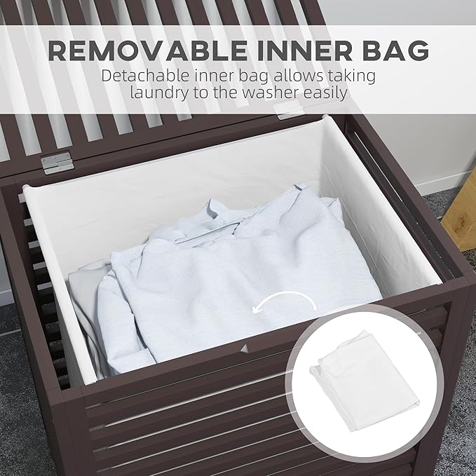 HOMCOM Bamboo Laundry Hamper with Lid, Laundry Basket with Removable Liner Bag, Dirty Clothes Hamper, 19.75 x 14.25 x 23.5 Inches, Coffee