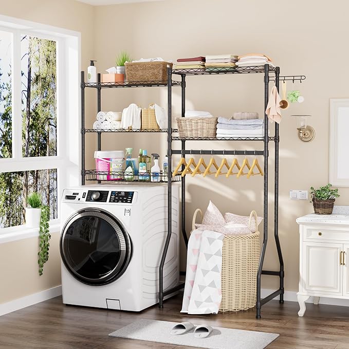 Over Washer and Dryer Shelves,Heavy Duty Laundry Room Storage Organization Clothes Drying Rack,5 Tier Adjustable Height Wire Shelving and Wire Basket with Hanger Rod&Hook,Space Saving Shelf | Heavy Duty, Clothes Drying Rack, Adjustable Height, Hanger R...