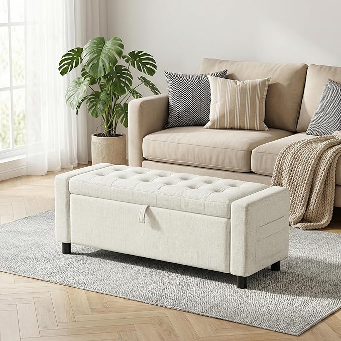 Amada 46" Storage Ottoman Bench with Safety Hinge, Hidden Compartment & Side Pocket - Upholstered End of Bed/Entryway Bench for Bedroom & Living Room, 400 lbs Weight Capacity, Beige