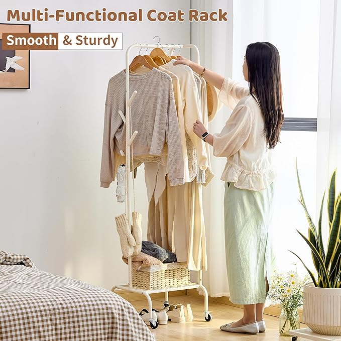FILWH Rolling Coat Rack with Storage Shelf Freestanding Coat Rack Hall Tree with 6 Hooks for Entryway, Bedroom Metal Clothes Hanger Stand for Hats, Jackets, Bags,Shoes (White, Single-layer)