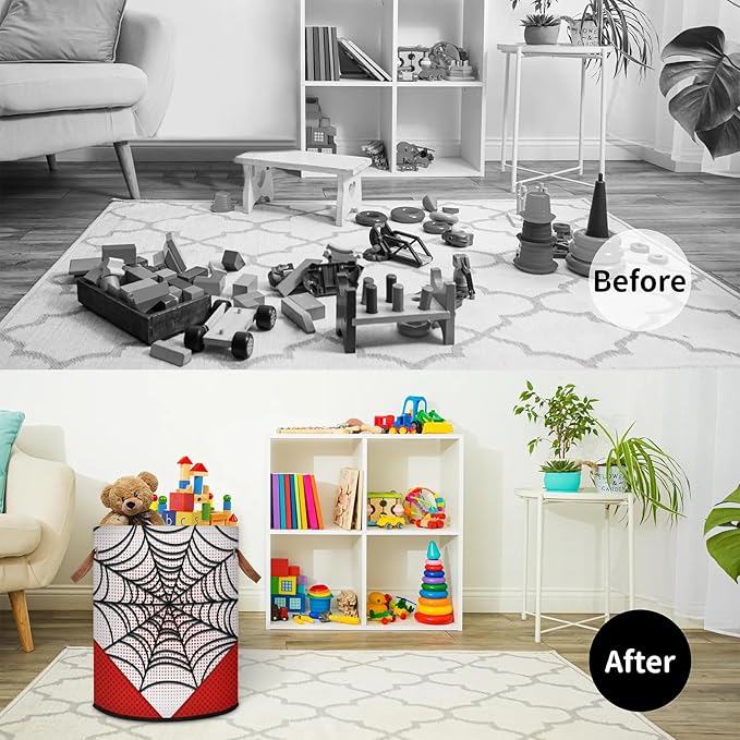 Large Laundry Hamper Basket White Spider Web Round Collapsible Storage Organizer Bin for Kids Room, Boys, Nursery, Closet, Bedroom, Playroom, Toys, Dirty Clothes, 16"W x 20"H