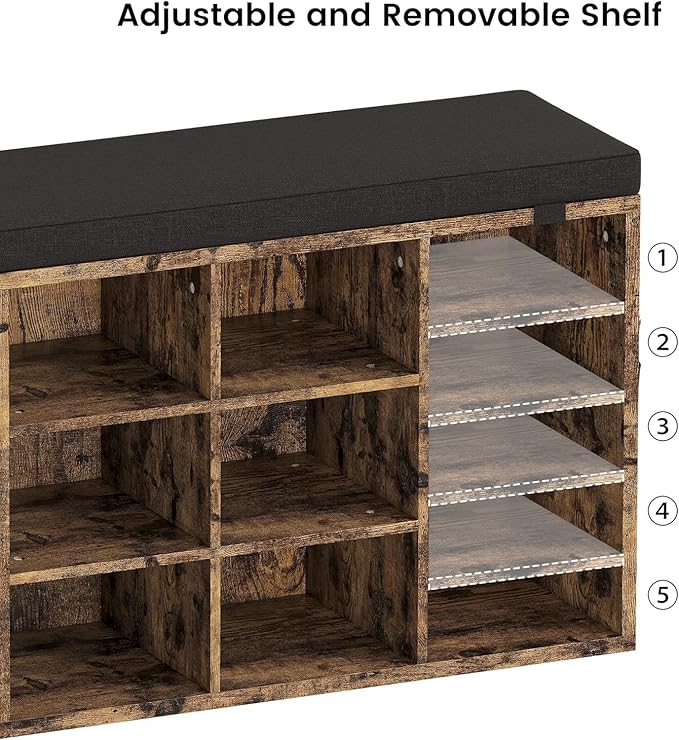 IDEALHOUSE Shoe Storage Bench with Cushion, 10 Cubbies Storage Rack Bench with Padded Seat, 41" Cubby Seat Shoe Cabinet with Adjustable Shelf for Entryway Hallway Living Room, Rustic Brown