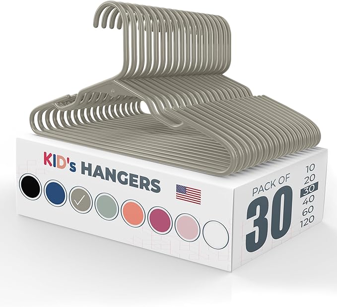 Neaties Plastic 12” Kids Hangers 30 Pack – Made in The USA – 5lb Capacity Baby & Toddler Clothes Hangers with Notches & Reinforced Edges – Fits Children’s Sizes Up to 8 – Gray