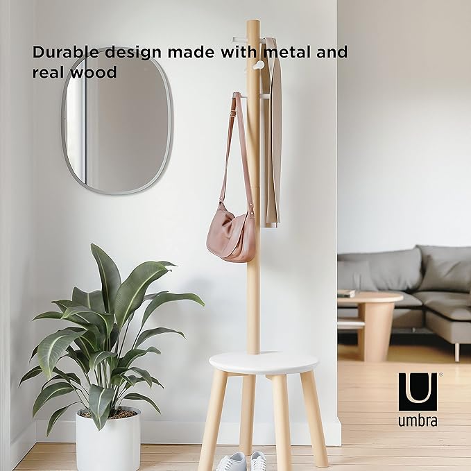 Umbra Pillar Coat Rack, Stool, Clothing Organizer, Umbrella Holder and Hat Organizer, Great for Entryway, White/Natural