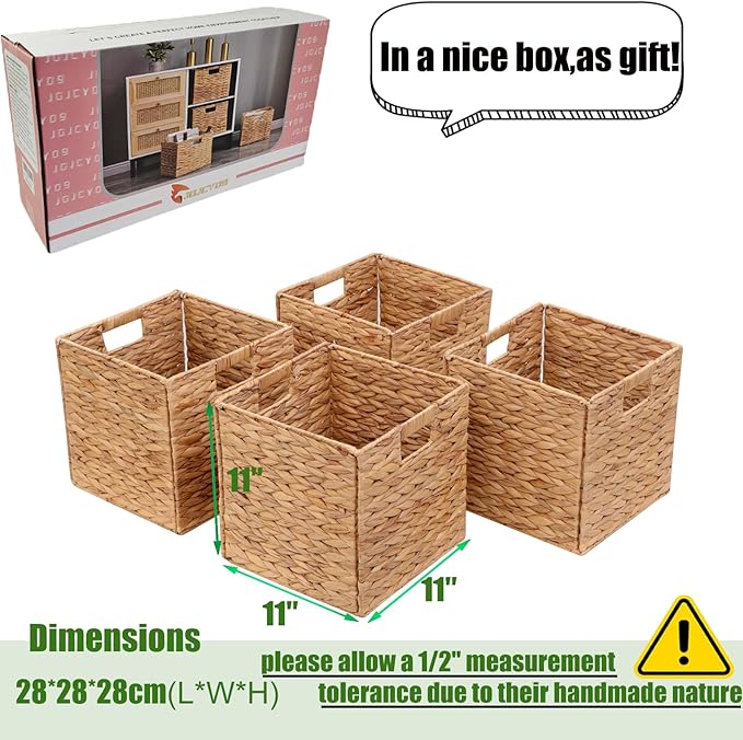 Storage Baskets 11x11inch Cube Baskets 4 pcs Baskets,Foldable Handwoven Water Hyacinth Laundry Organizer,Cube Storage Baskets