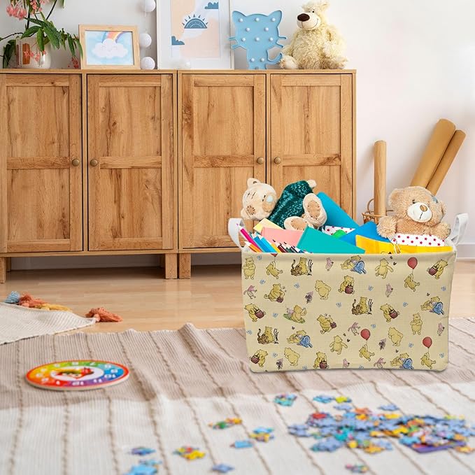 Winnie Nursery Hampers with Handles, the Pooh Nursery Storage Basket, Classic Winnie Baby Nursery Hamper Decor, Foldable and Waterproof Canvas Organizers for Toys Clothes Bedroom Bathroom