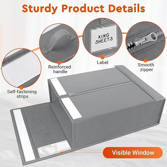4 Pack Bed Sheet Closet Organizers and Storage,Sturdy Foldable Storage Containers with Window and Label,Storage and Organization for Bedding Sheets,Duvet Covers,Blankets (Grey)