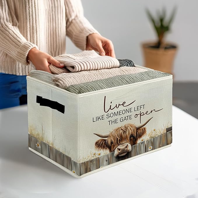 Highland Cow Storage Bins & Boxes with Handles, Western Highland Cow Foldable Basket for Organizing, Farmhouse Rustic Collapsible Storage Basket for Bedroom Room Bathroom Clothes Toys Books