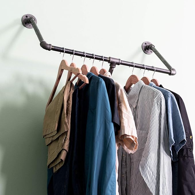PIPE DECOR Industrial Pipe Wall Mounted Clothing Rack, Commercial or Residential Wardrobe Clothes Display, Heavy Duty Rustic Vintage Steel Grey Black Metal Garment Bracket Frame, Tri Flange Style