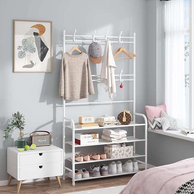 UDEAR Entryway Coat and Shoe Rack,3-in-1 Hall Tree Multifunctional Storage Shelf with 4-Tier Shoe Bench and 8 Hooks,16-20 Pairs of Shoes,Easy Assembly,for Entrance Foyer Bedroom Barthroom,White