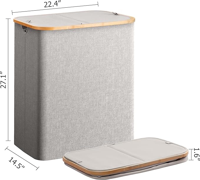HBlife 145L Extra Large Double Laundry Hamper with Lid and Removable Inner Bag, 2 Section Collapsible Dirty Clothes Basket Organizer for Bathroom, Bedroom and Laundry Room, Light Grey