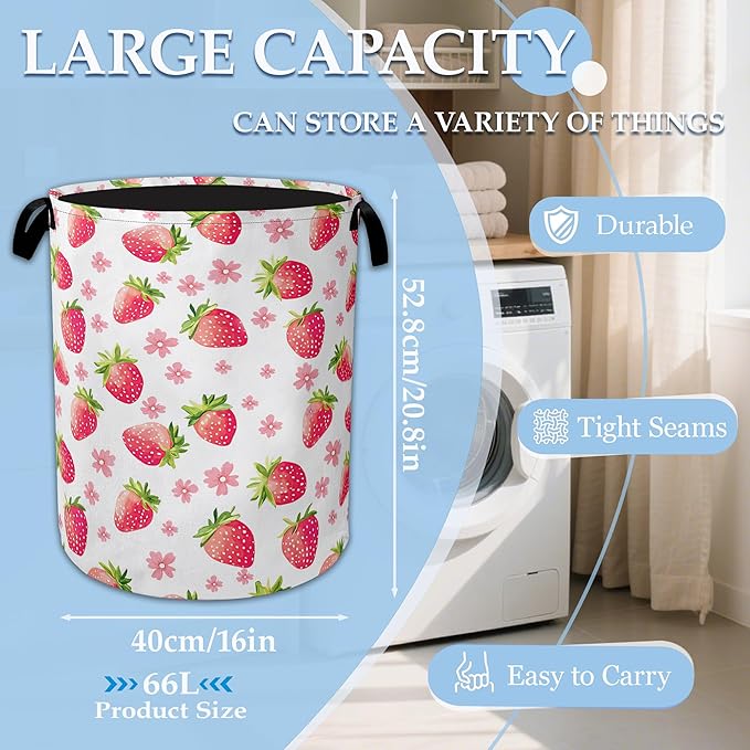 Straberry Flower Laundry Basket Collapsible Laundry Hamper Clothes Toy Storage Bin for Bathroom Bedroom Room Decor 16" X 20.8"